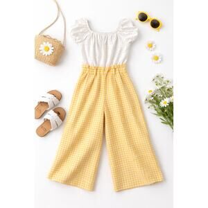 Girls Yellow Gingham Eyelet Jumpsuit Romper | Puff Sleeve | Youth